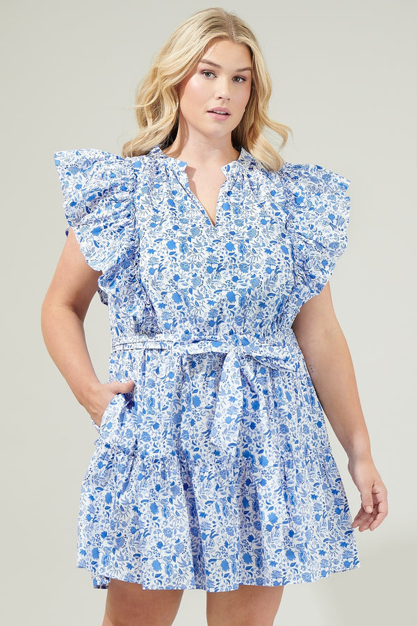 Hailey Floral Belted Mini Dress, Blue/White | Plus Size