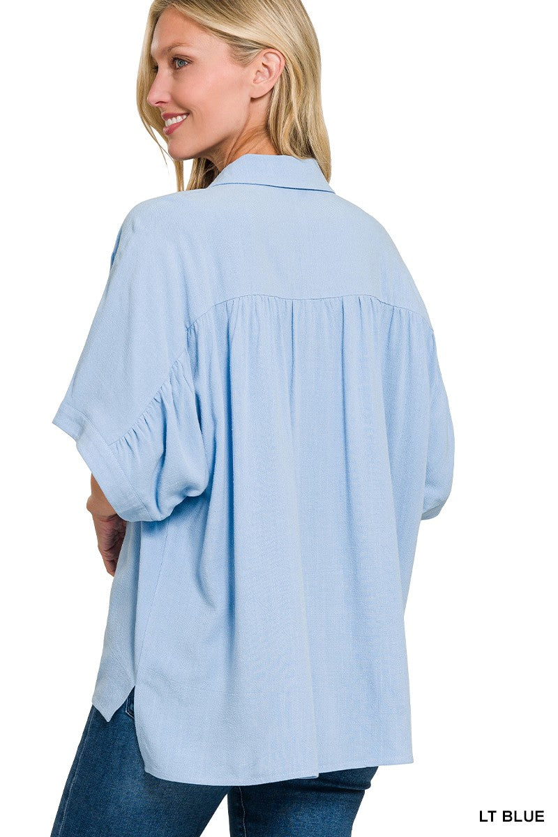 Catherine Linen Ruched Seam Top, Light Blue