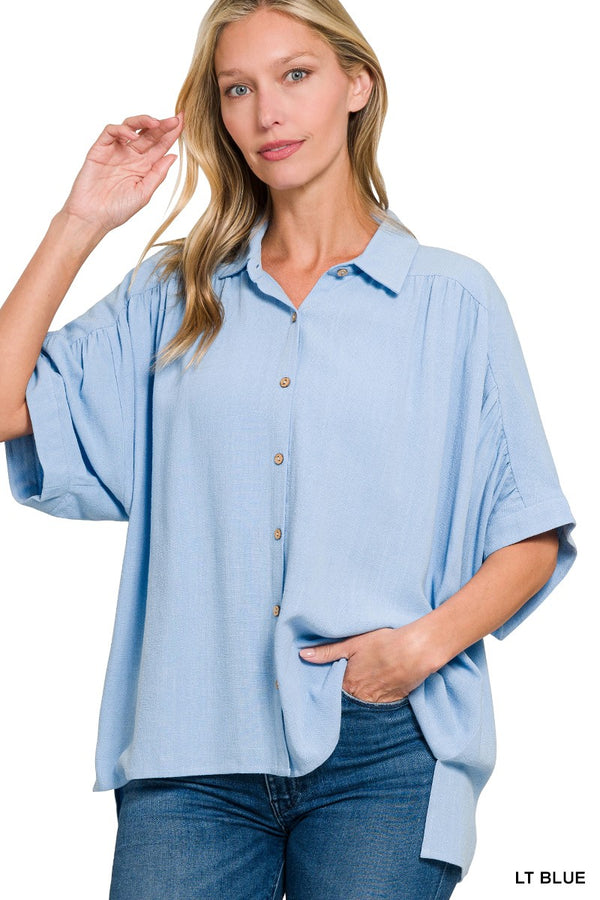 Catherine Linen Ruched Seam Top, Light Blue