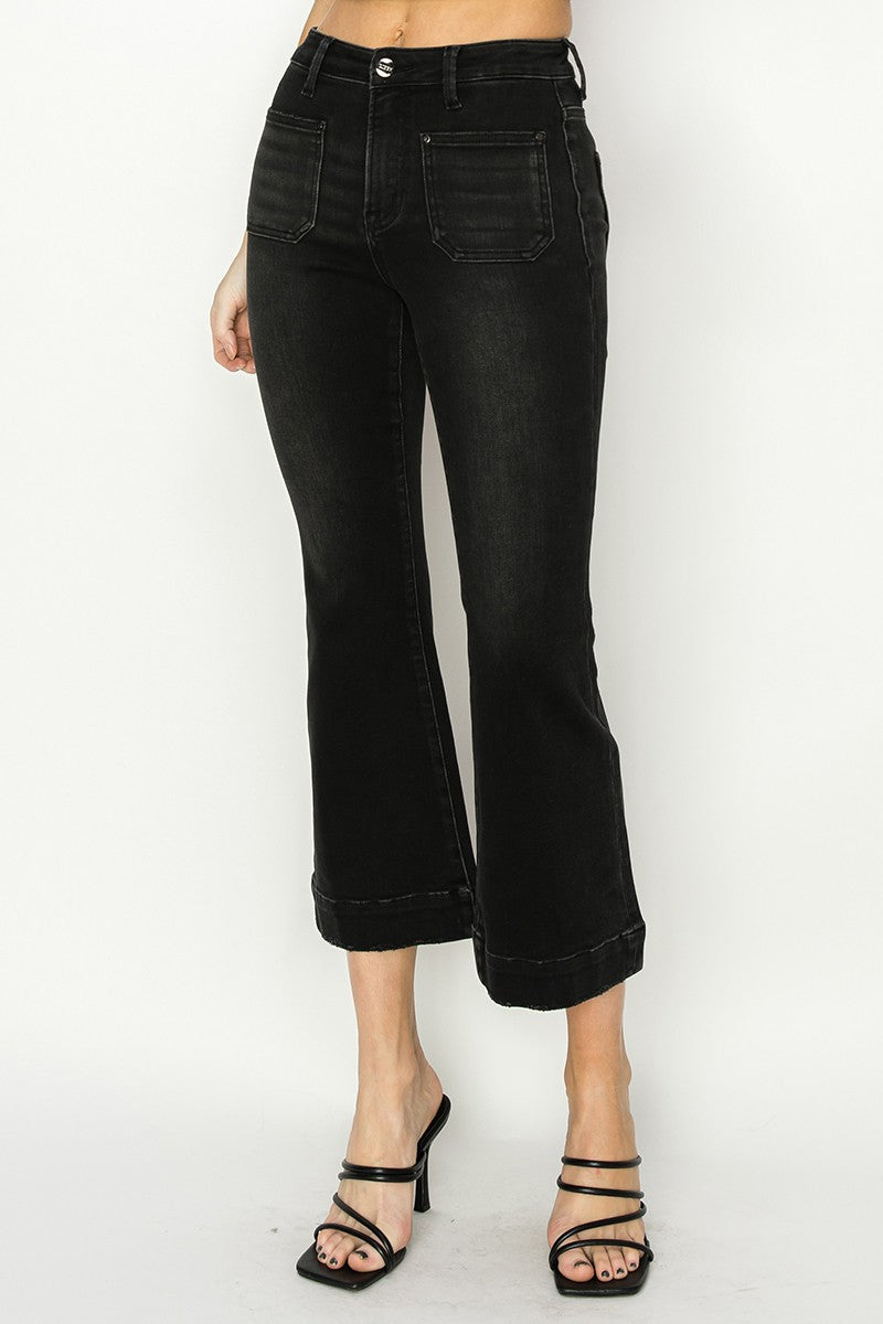Amelia Patch Pocket Ankle Flare Jeans, Black