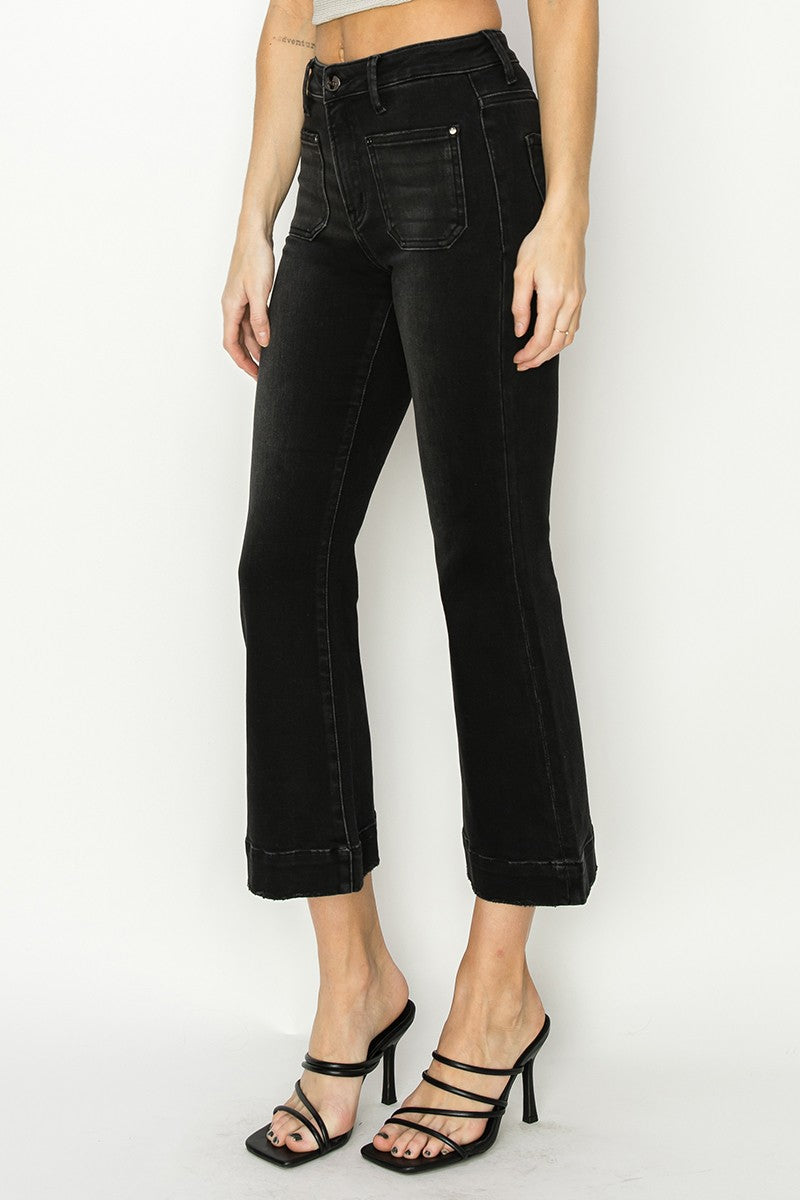 Amelia Patch Pocket Ankle Flare Jeans, Black