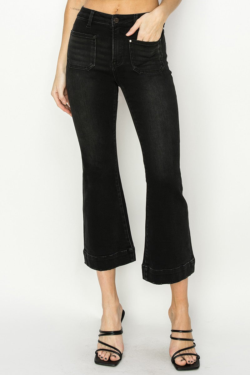 Amelia Patch Pocket Ankle Flare Jeans, Black