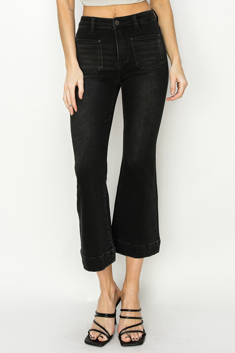 Amelia Patch Pocket Ankle Flare Jeans, Black