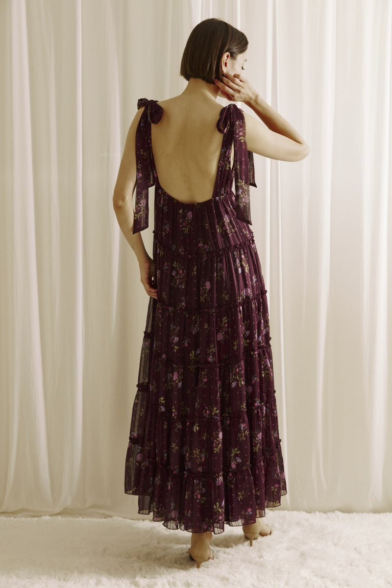Gigi Tie Strap Printed Maxi Dress, Plum Multi Floral