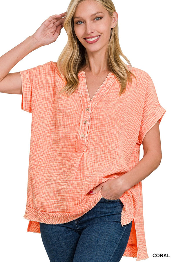 Gracelyn Washed Double Gauze Shirt, Coral