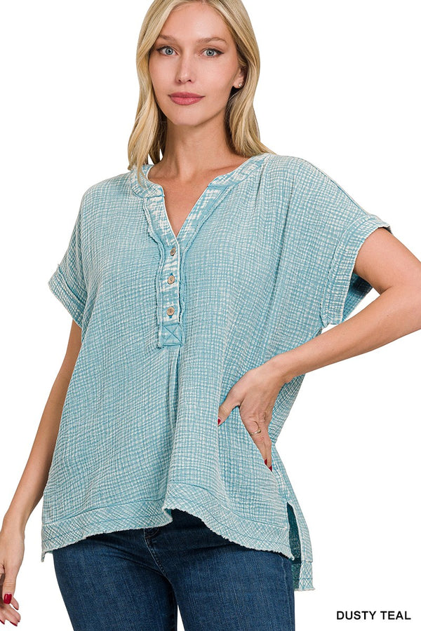 Gracelyn Washed Double Gauze Shirt, Dusty Teal