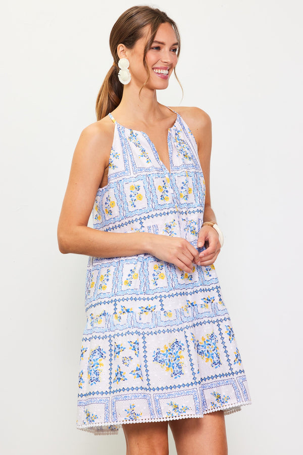 Alexa Eyelet Embroidered Dress, White/Blue