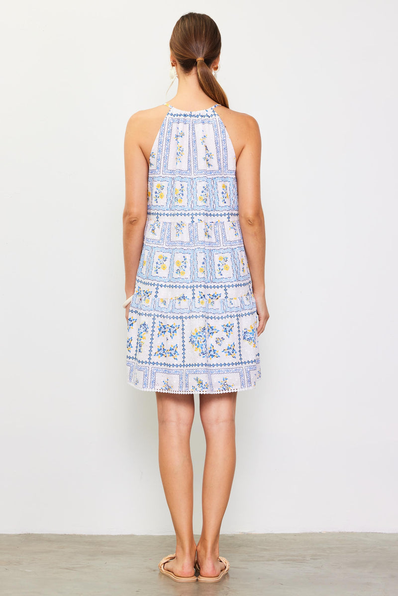 Alexa Eyelet Embroidered Dress, White/Blue