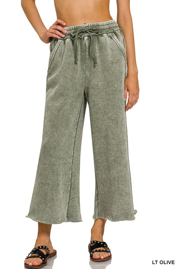 Mila Acid Washed Palazzo Sweatpants, Light Olive