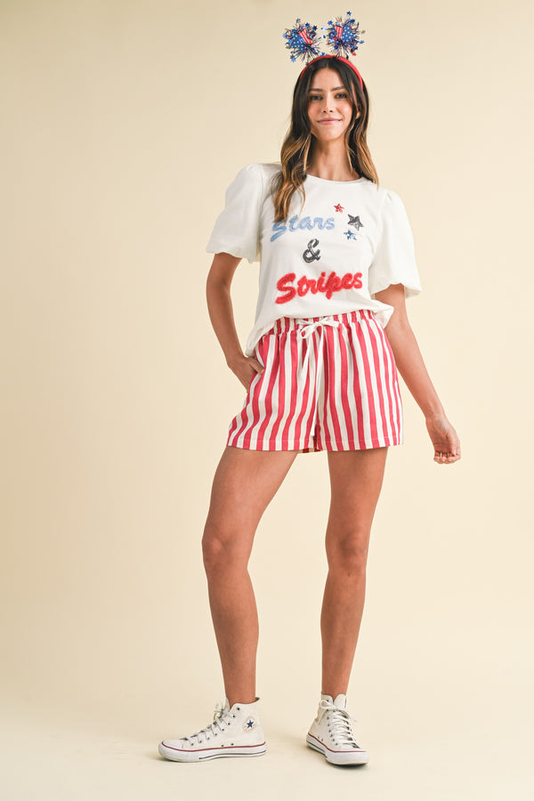 Avery Striped Twill Denim Shorts, Red