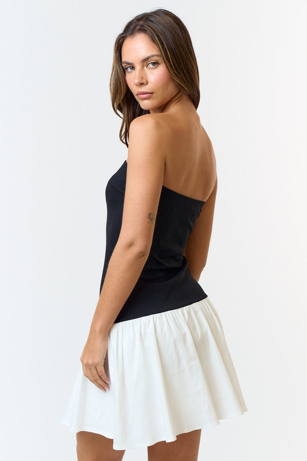 Myla Woven Mix Tube Mini Dress, Black/Off White