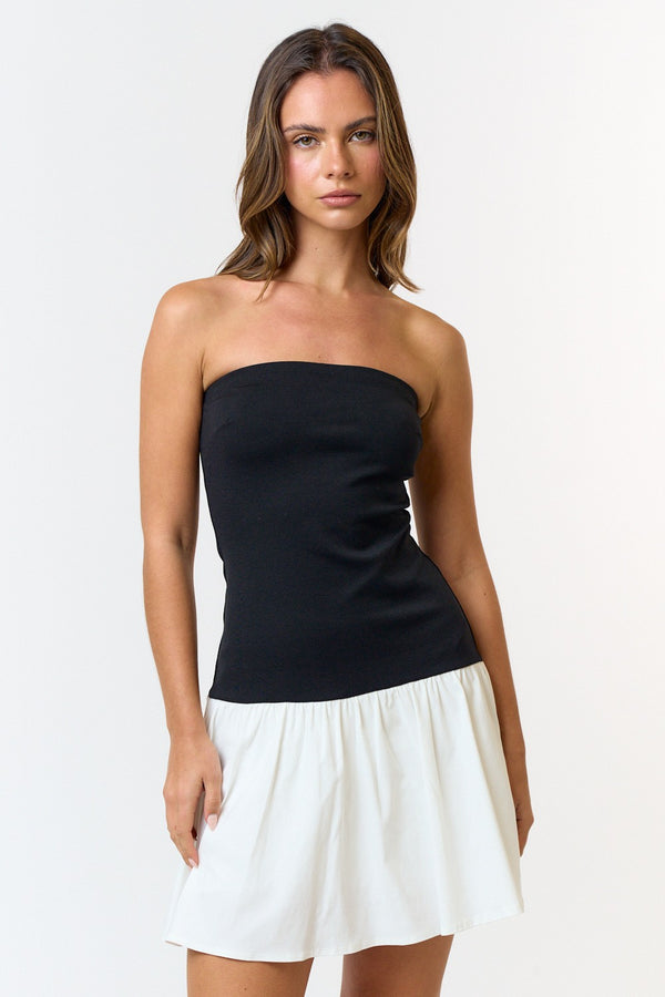 Myla Woven Mix Tube Mini Dress, Black/Off White