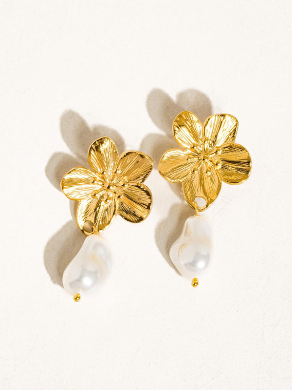 Flower Pearl Earrings, Gold