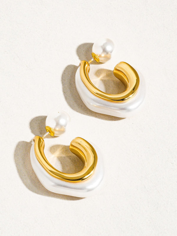 Pearl C Hoop Earrings, Gold