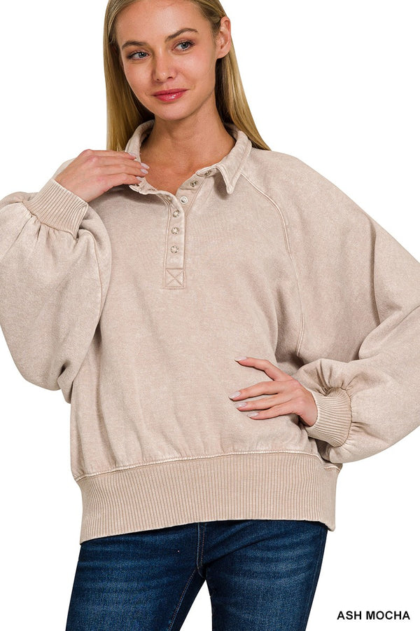 Lucinda Acid Wash Collared Pullover, Ash Mocha