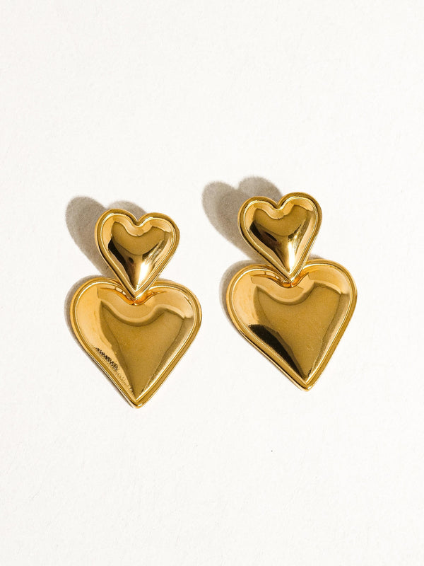 Double Heart Earrings, Gold