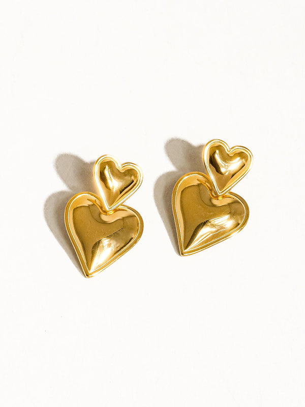 Double Heart Earrings, Gold