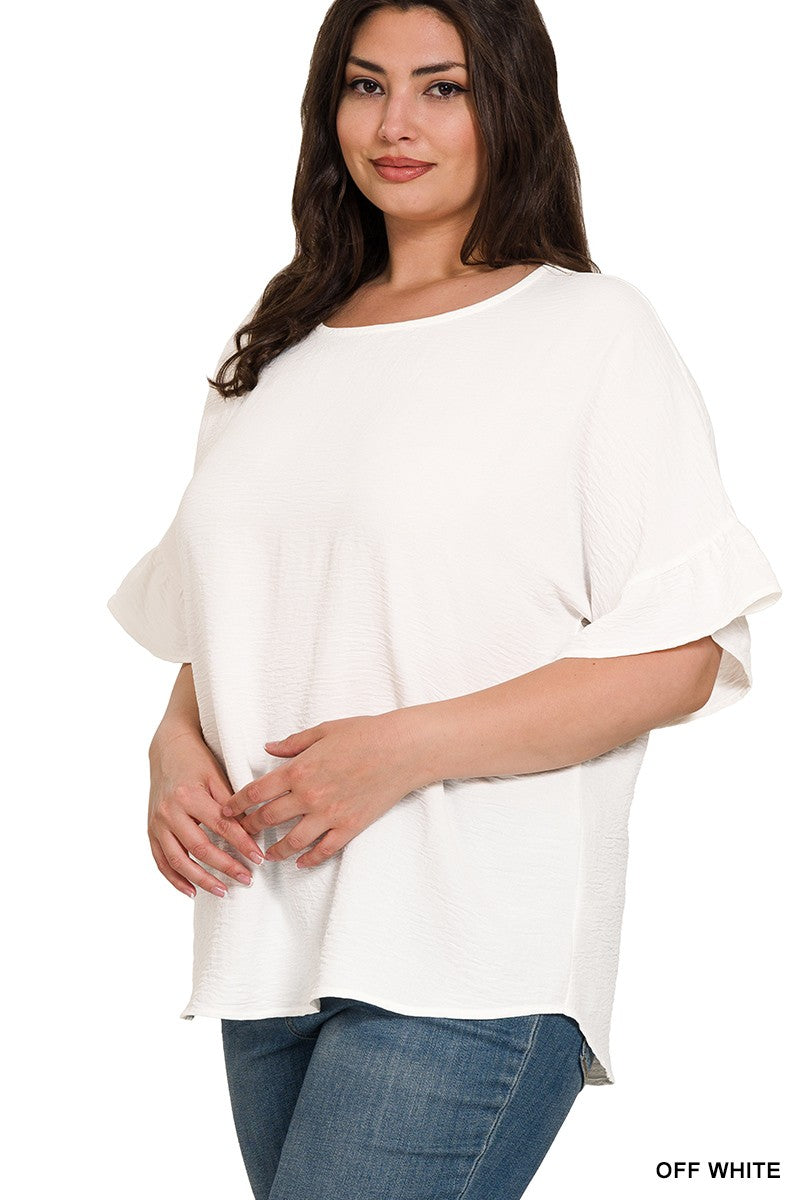 Eliza Woven Ruffle Sleeve Top, Off White | Plus Size