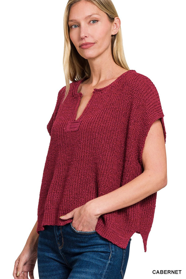 Rylie Rolled Split Neck Pullover Sweater, Cabernet