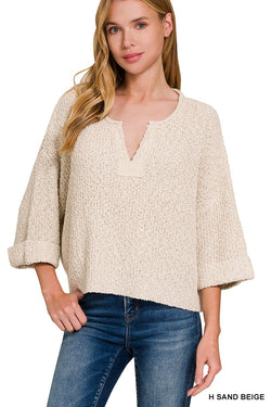 Vivia Folded Sleeve Pullover, Heather Sand Beige