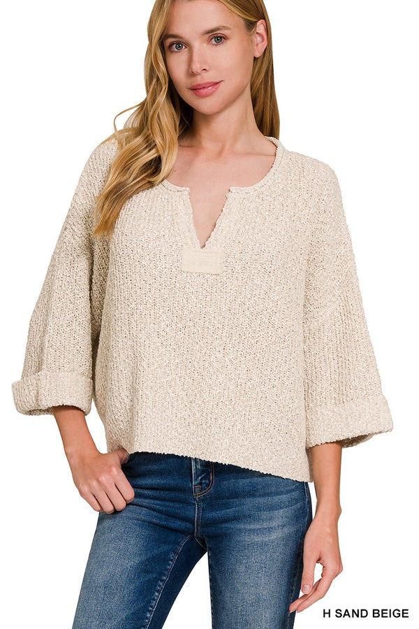 Vivia Folded Sleeve Pullover, Heather Sand Beige