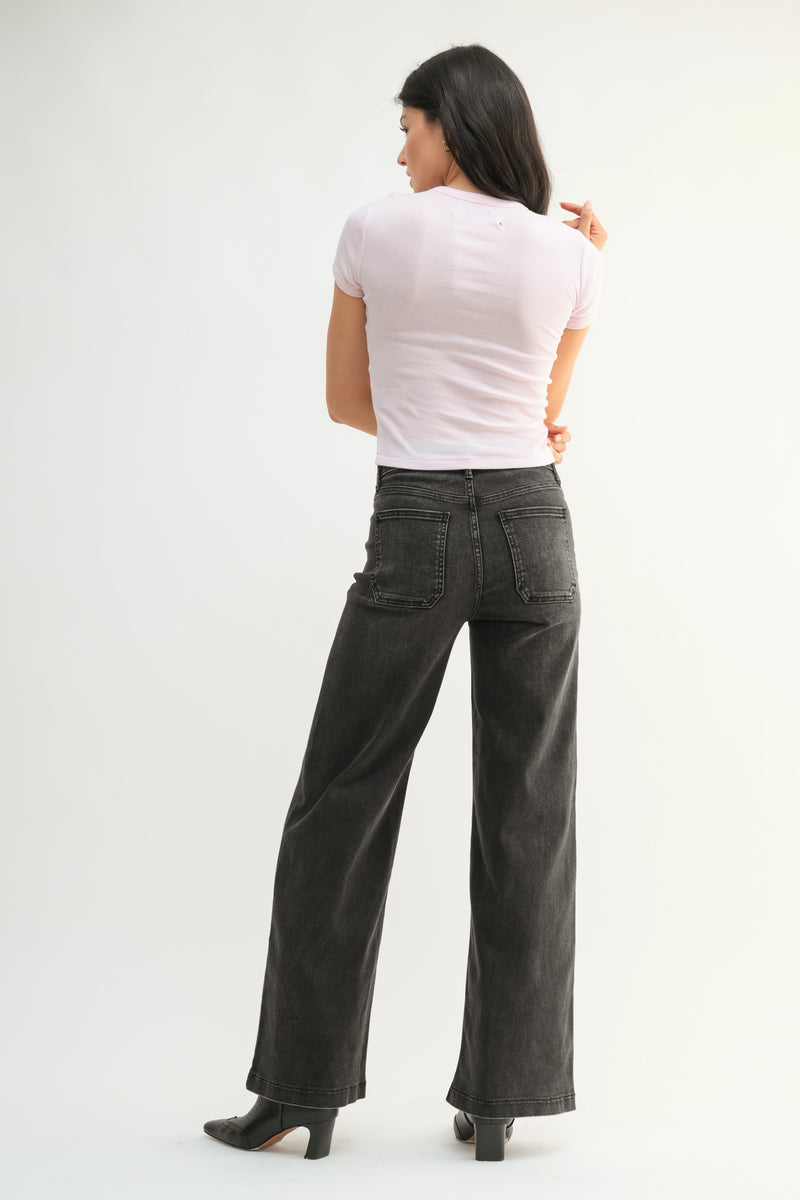 Leah Patch Pocket Wide Leg Jeans, Washed Black