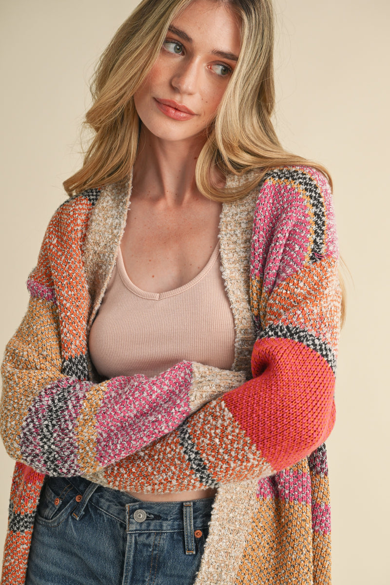 Frankie Oversized Color Block Cardigan, Fuchsia Mustard Multi
