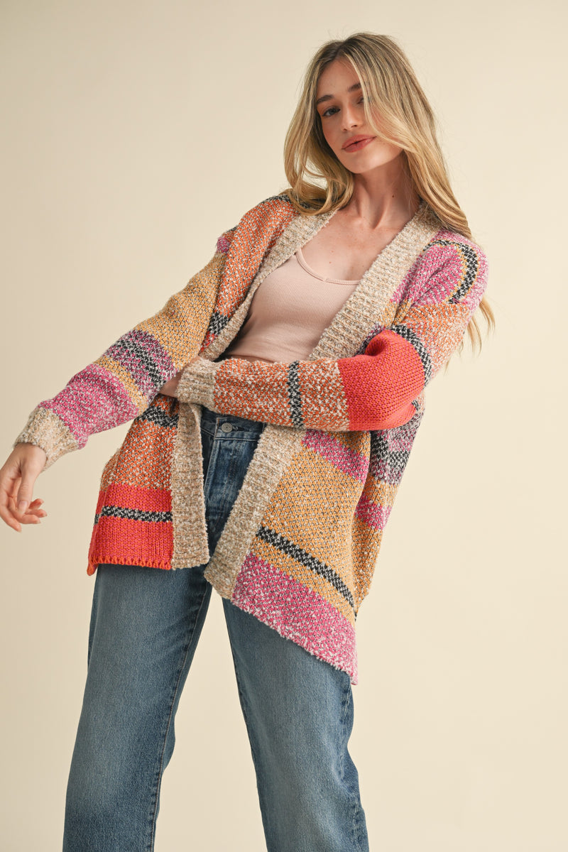 Frankie Oversized Color Block Cardigan, Fuchsia Mustard Multi