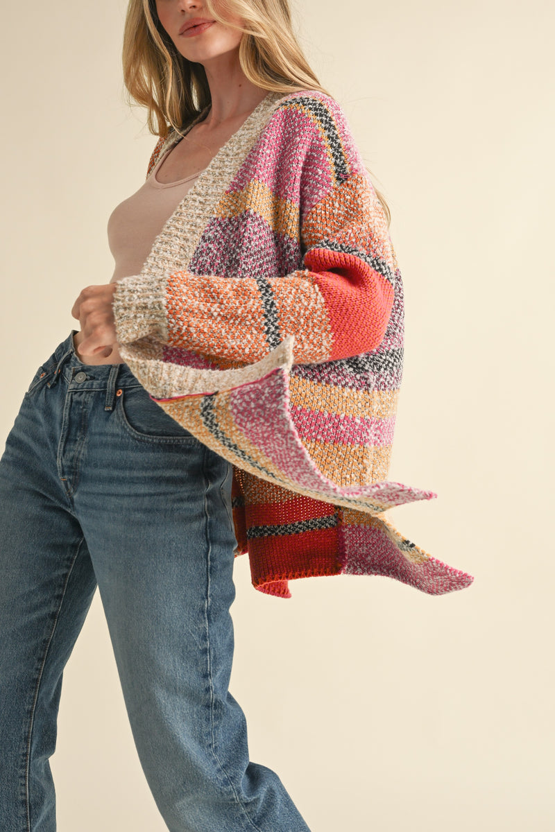 Frankie Oversized Color Block Cardigan, Fuchsia Mustard Multi