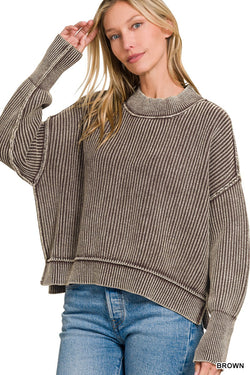 Marie Washed Crop Sweater, Brown