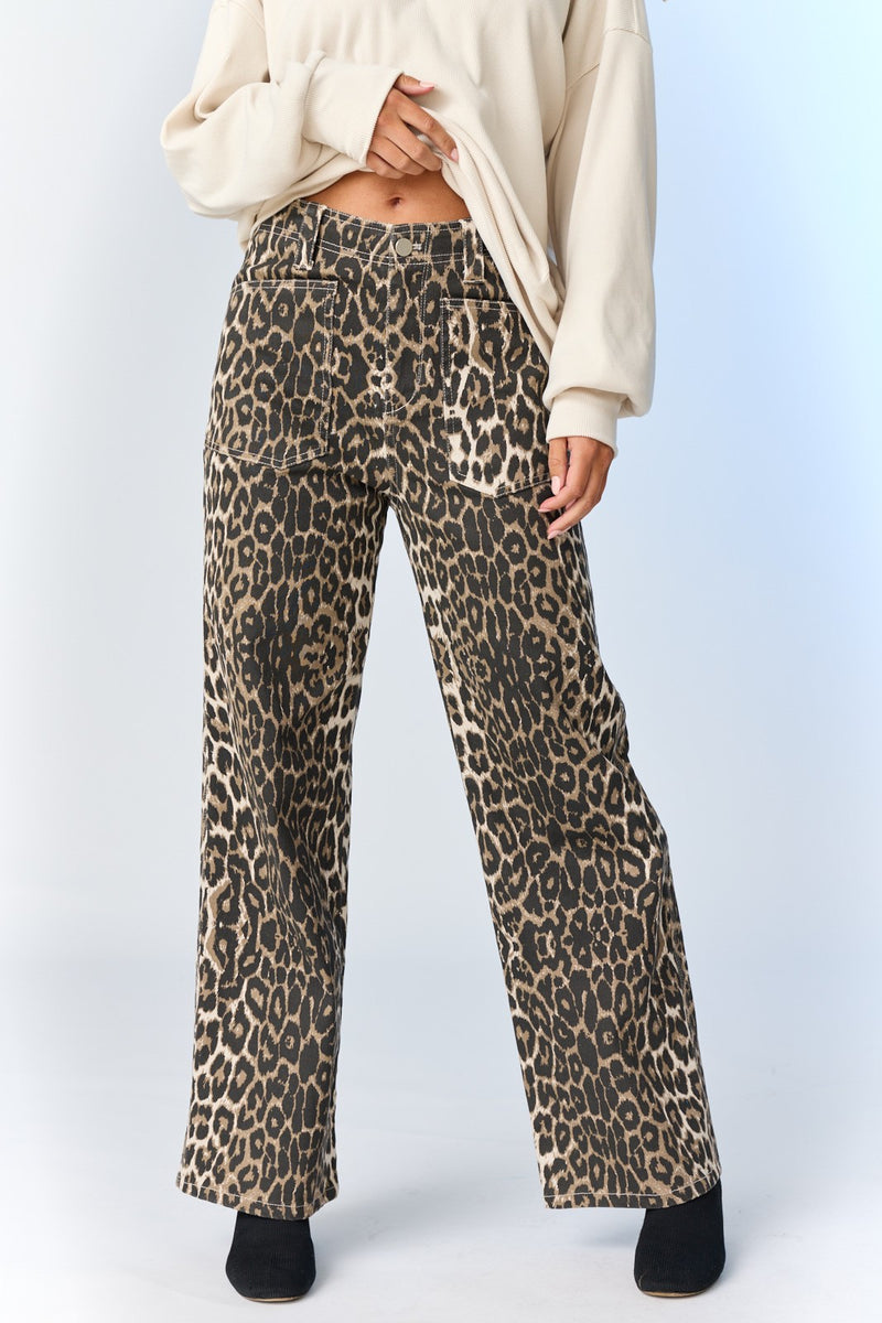 Hallie Leopard Patch Pocket Pants, Taupe