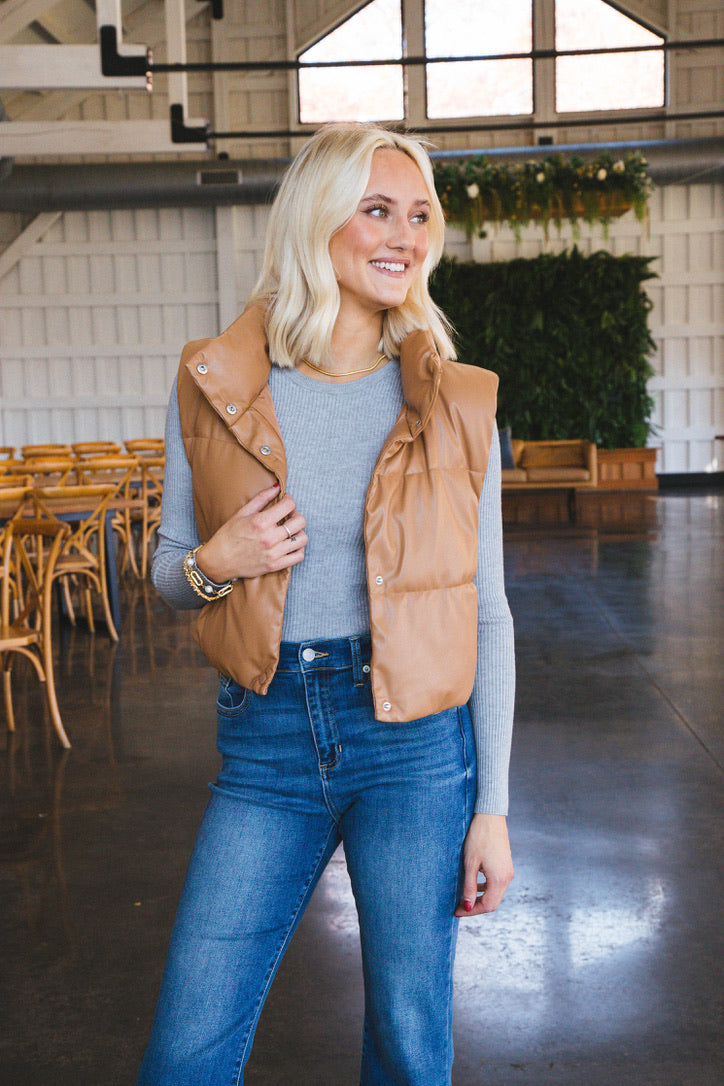 Vivian Faux Leather Cropped Puffer Vest, Camel