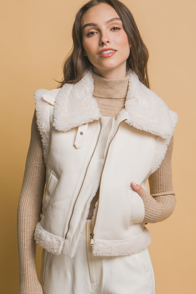 Claire Faux Leather Sherpa Lined Vest, Ivory