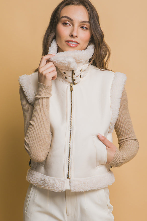 Claire Faux Leather Sherpa Lined Vest, Ivory