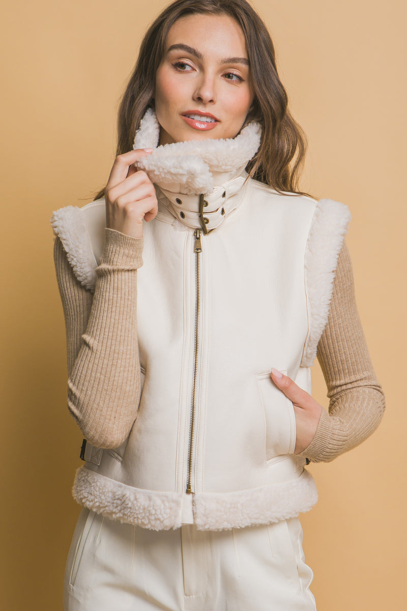 Claire Faux Leather Sherpa Lined Vest, Ivory