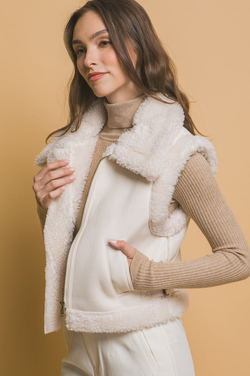 Claire Faux Leather Sherpa Lined Vest, Ivory