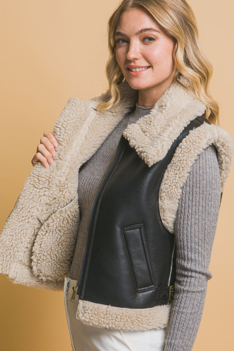 Claire Faux Leather Sherpa Lined Vest, Black