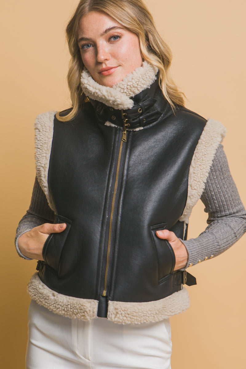 Claire Faux Leather Sherpa Lined Vest, Black