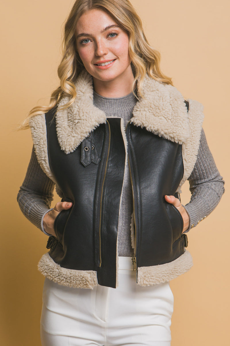 Claire Faux Leather Sherpa Lined Vest, Black