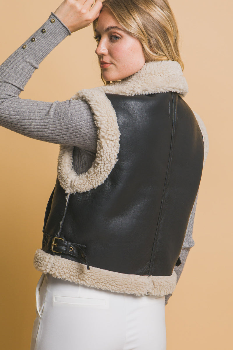 Claire Faux Leather Sherpa Lined Vest, Black