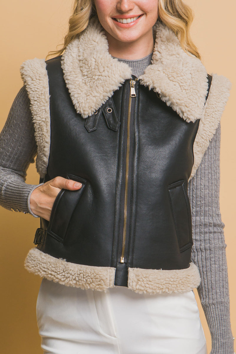 Claire Faux Leather Sherpa Lined Vest, Black