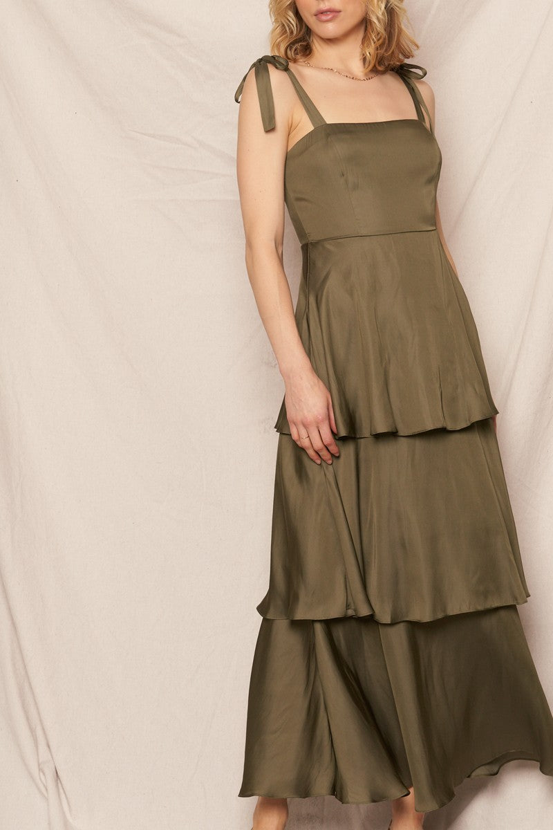 Kate Satin Tiered Maxi Dress, Olive
