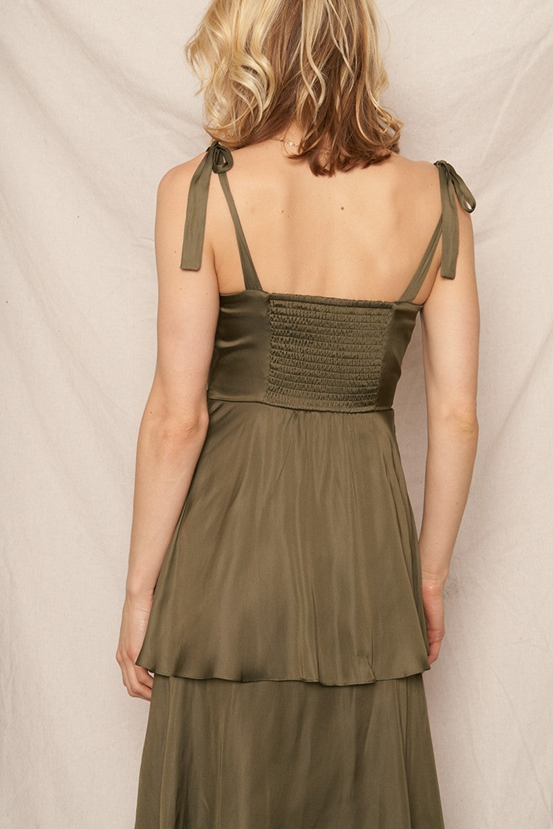 Kate Satin Tiered Maxi Dress, Olive
