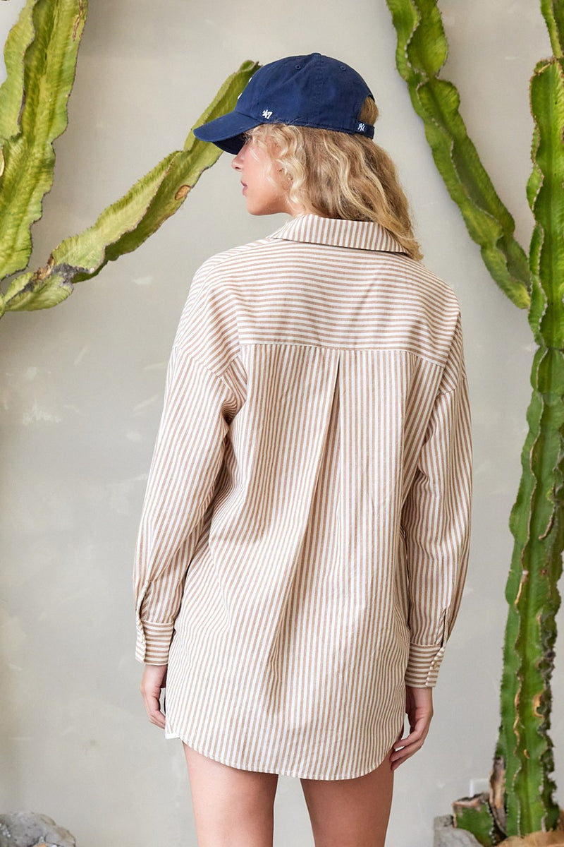 Rachel Striped Button Down Shirt, Taupe