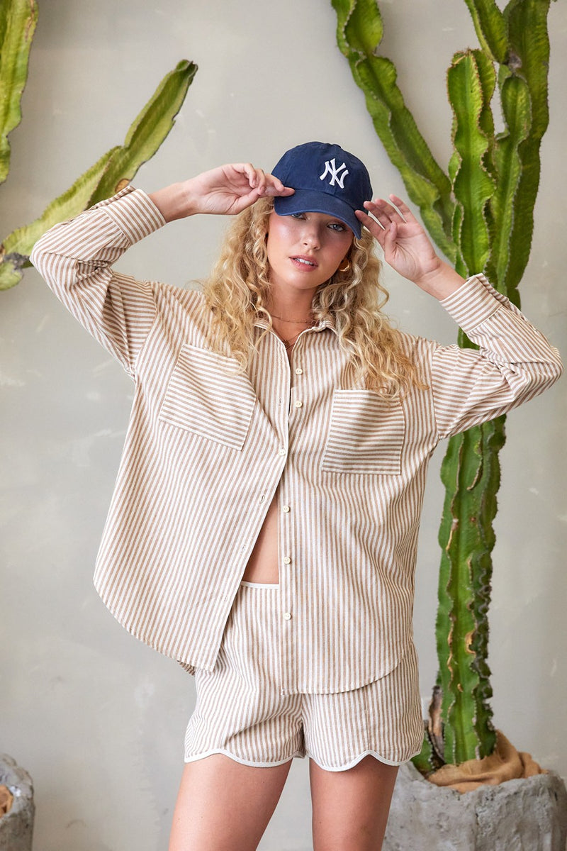 Rachel Striped Button Down Shirt, Taupe