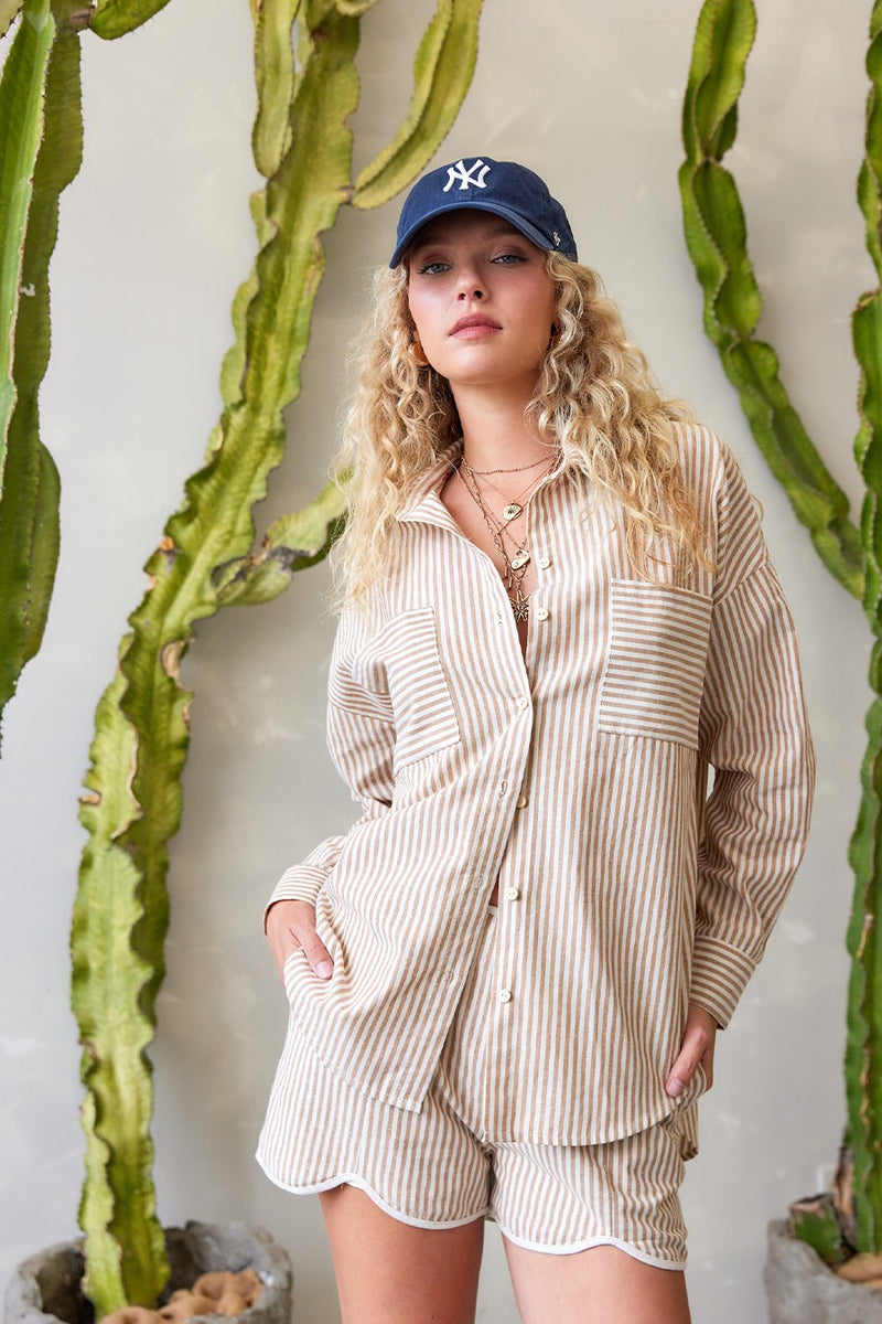 Rachel Striped Button Down Shirt, Taupe