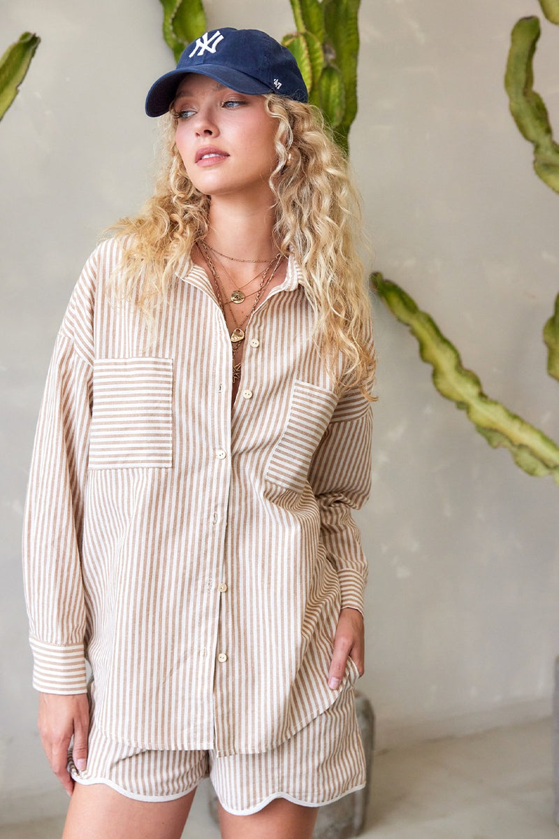 Rachel Striped Button Down Shirt, Taupe