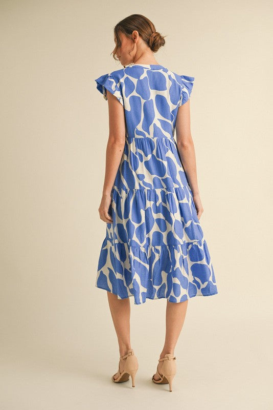 Emma Printed Flutter Sleeve Midi Dress, Blue