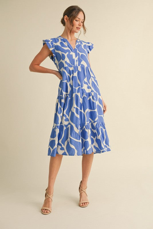 Emma Printed Flutter Sleeve Midi Dress, Blue