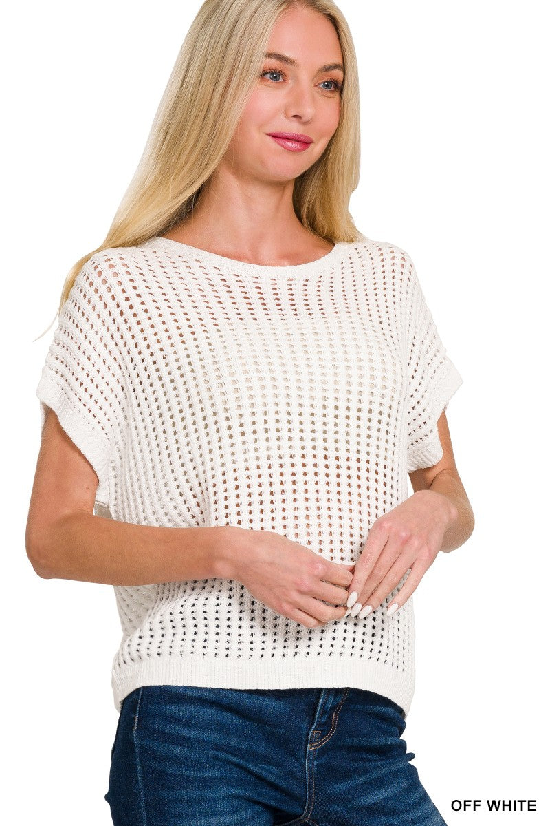 Lilian Crochet Knit Sheer Hollow Sweater, Off White